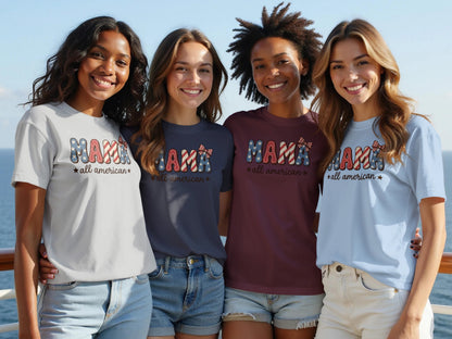 Four women in t-shirts reading "MAMA all american" with patriotic designs.