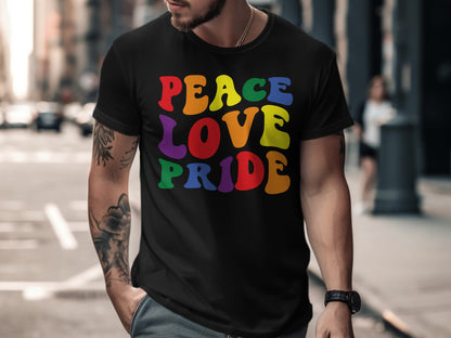 Black t-shirt with "PEACE LOVE PRIDE" in rainbow lettering.