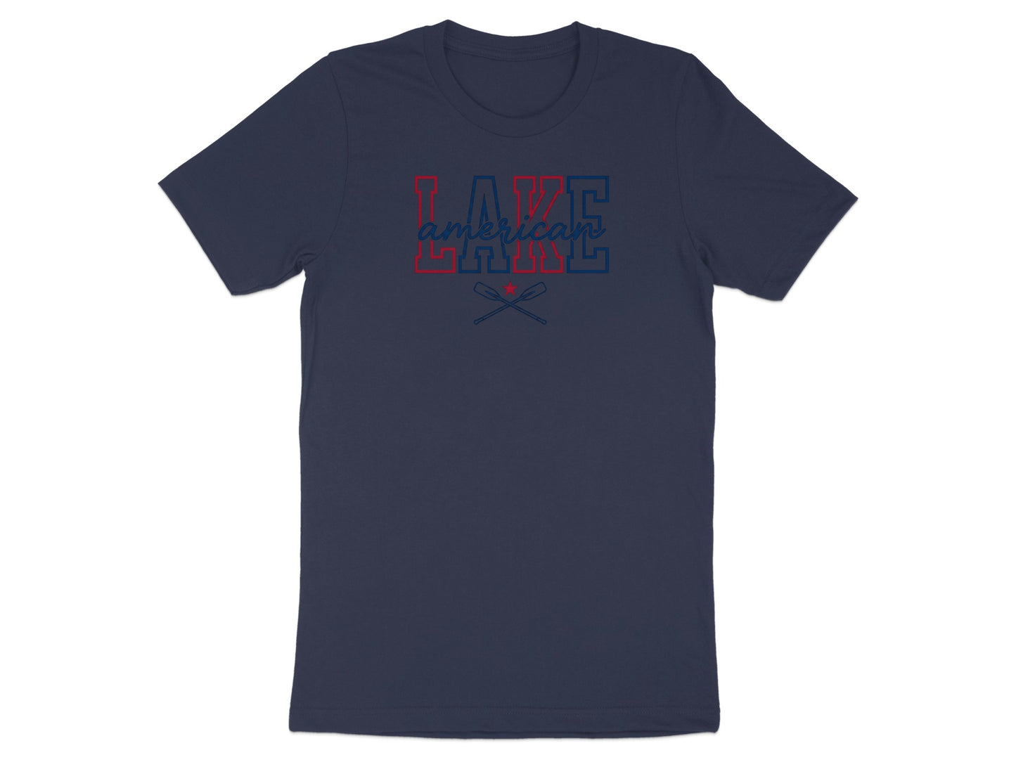 Navy t-shirt with red, white, and blue "LAKE AMERICA" text and crossed oars.
