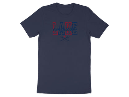 Navy t-shirt with red, white, and blue "LAKE AMERICA" text and crossed oars.