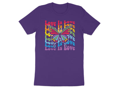 Purple t-shirt with a rainbow butterfly graphic and "Love Is Love" text.