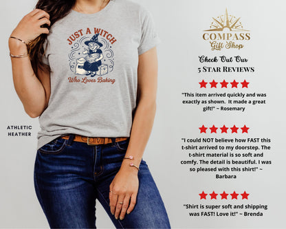 Gray t-shirt with "Just a Witch Who Loves Baking" graphic and customer reviews.