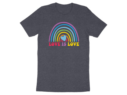 Dark gray t-shirt with rainbow and "LOVE IS LOVE" text.