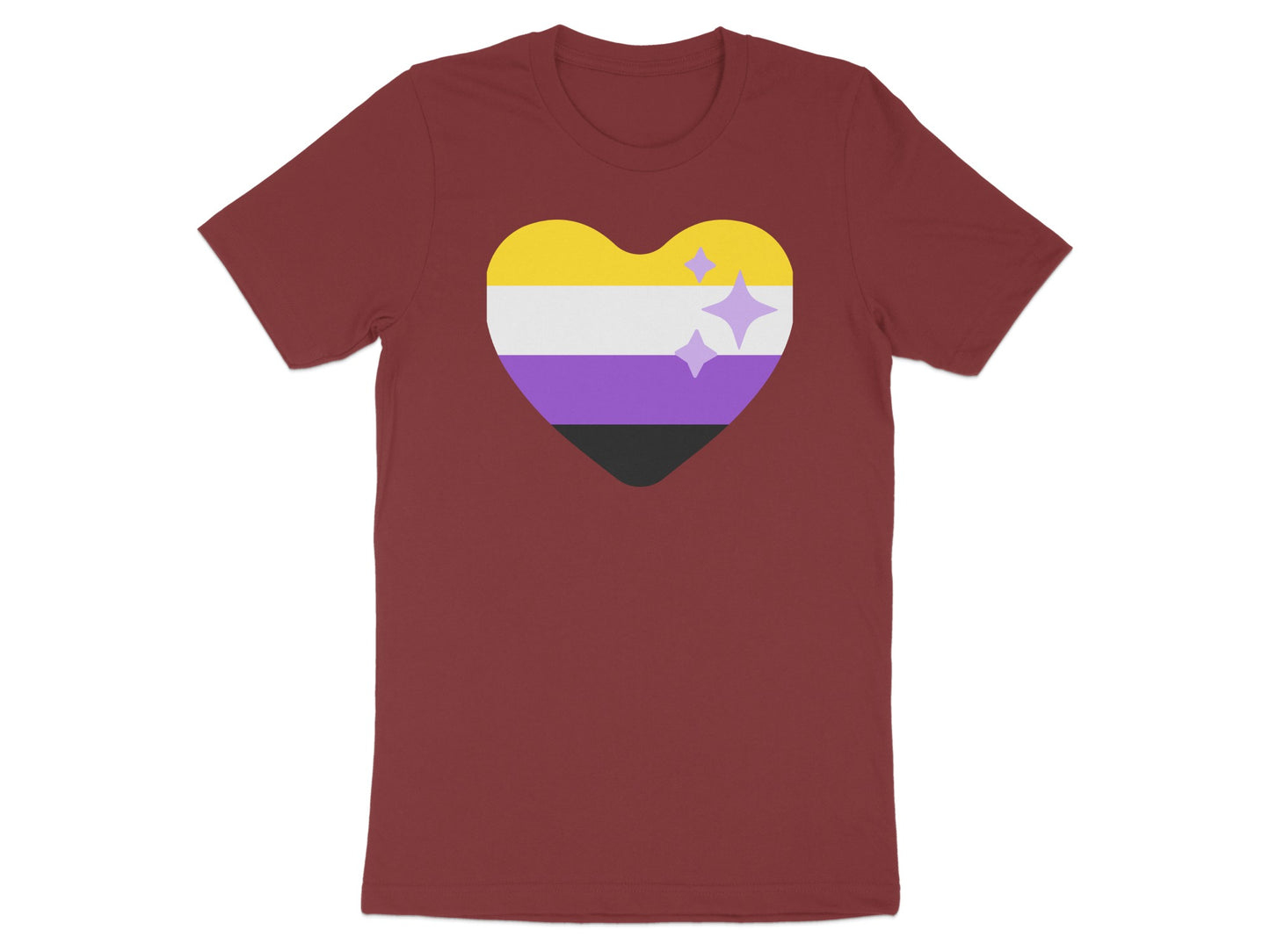 Burgundy t-shirt with a non-binary pride heart and sparkles.