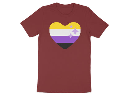 Burgundy t-shirt with a non-binary pride heart and sparkles.