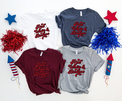 Four t-shirts with "Red White & Badass" text in different colors.