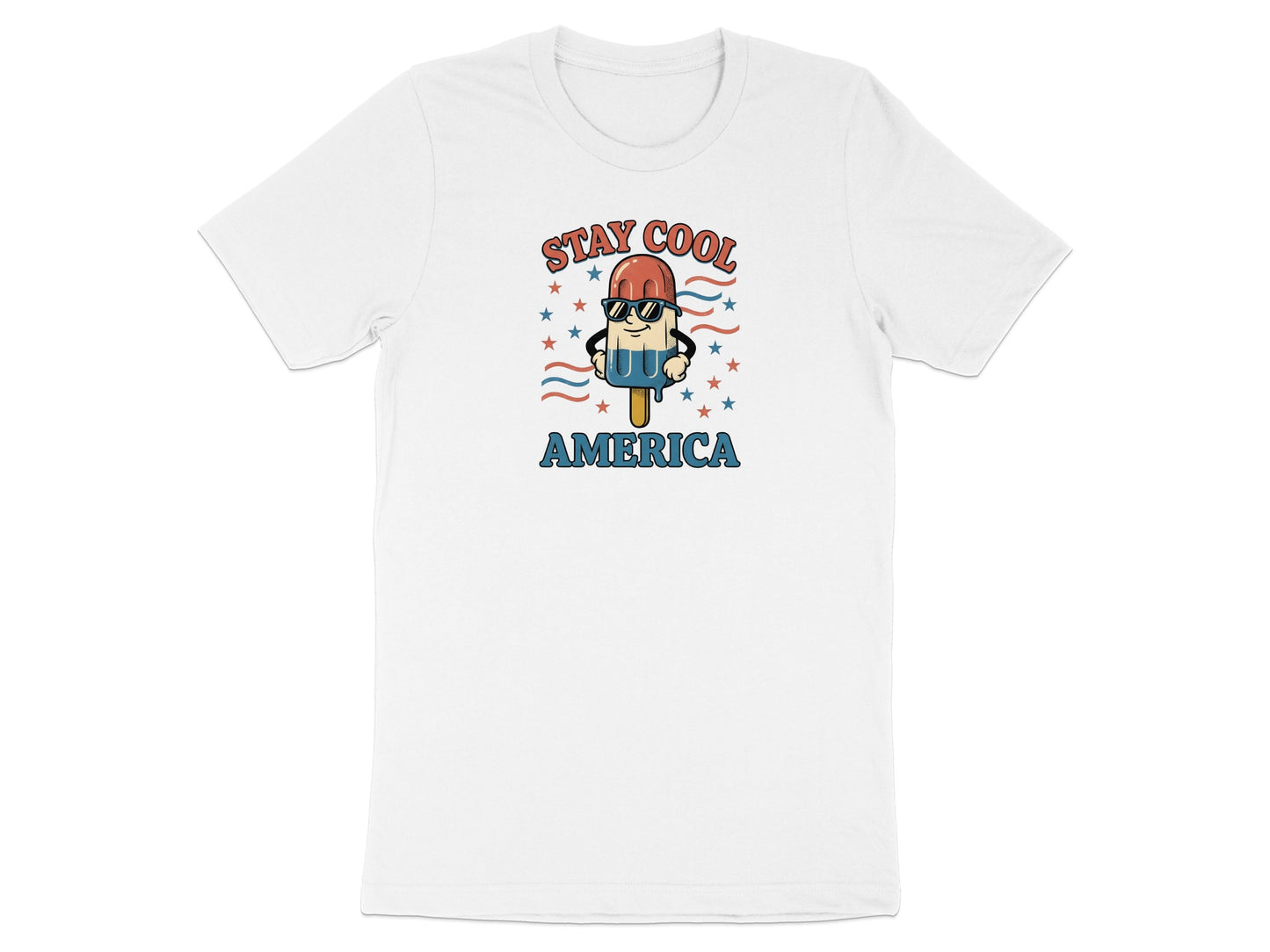 White t-shirt with cartoon popsicle wearing sunglasses and "STAY COOL AMERICA" text.