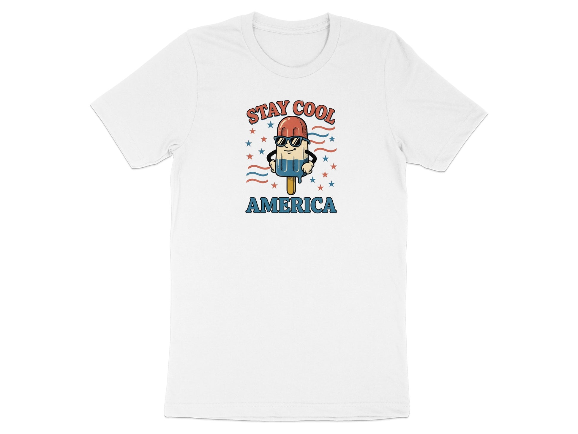 White t-shirt with cartoon popsicle wearing sunglasses and "STAY COOL AMERICA" text.