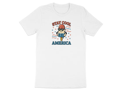 White t-shirt with cartoon popsicle wearing sunglasses and "STAY COOL AMERICA" text.