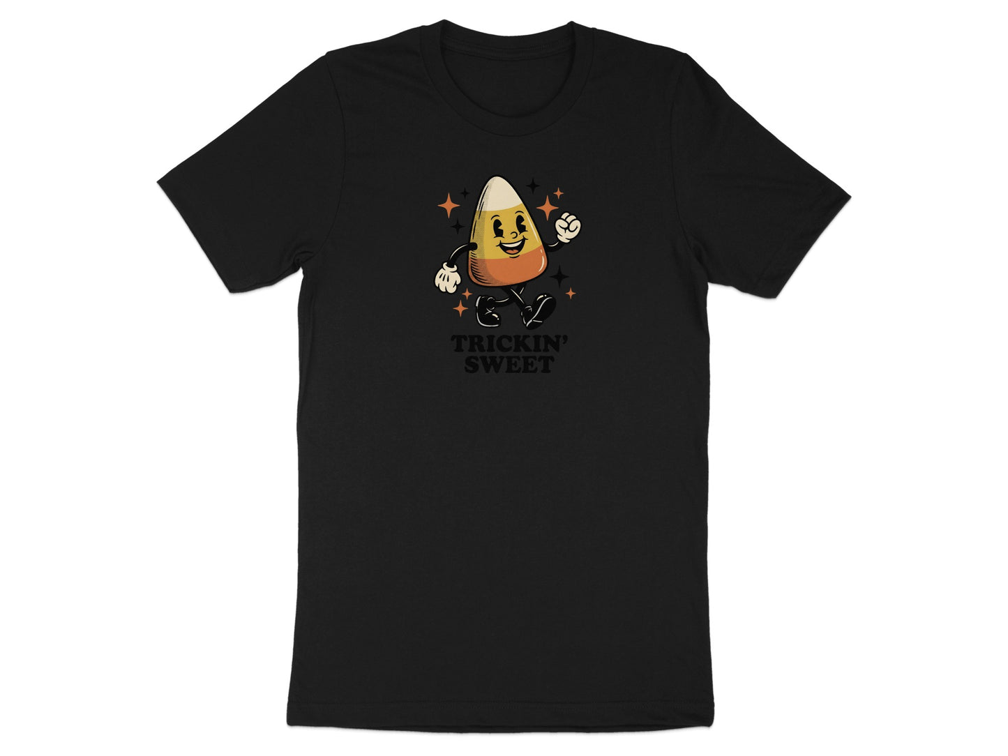 Black t-shirt with a retro candy corn character and "TRICKIN' SWEET" text.