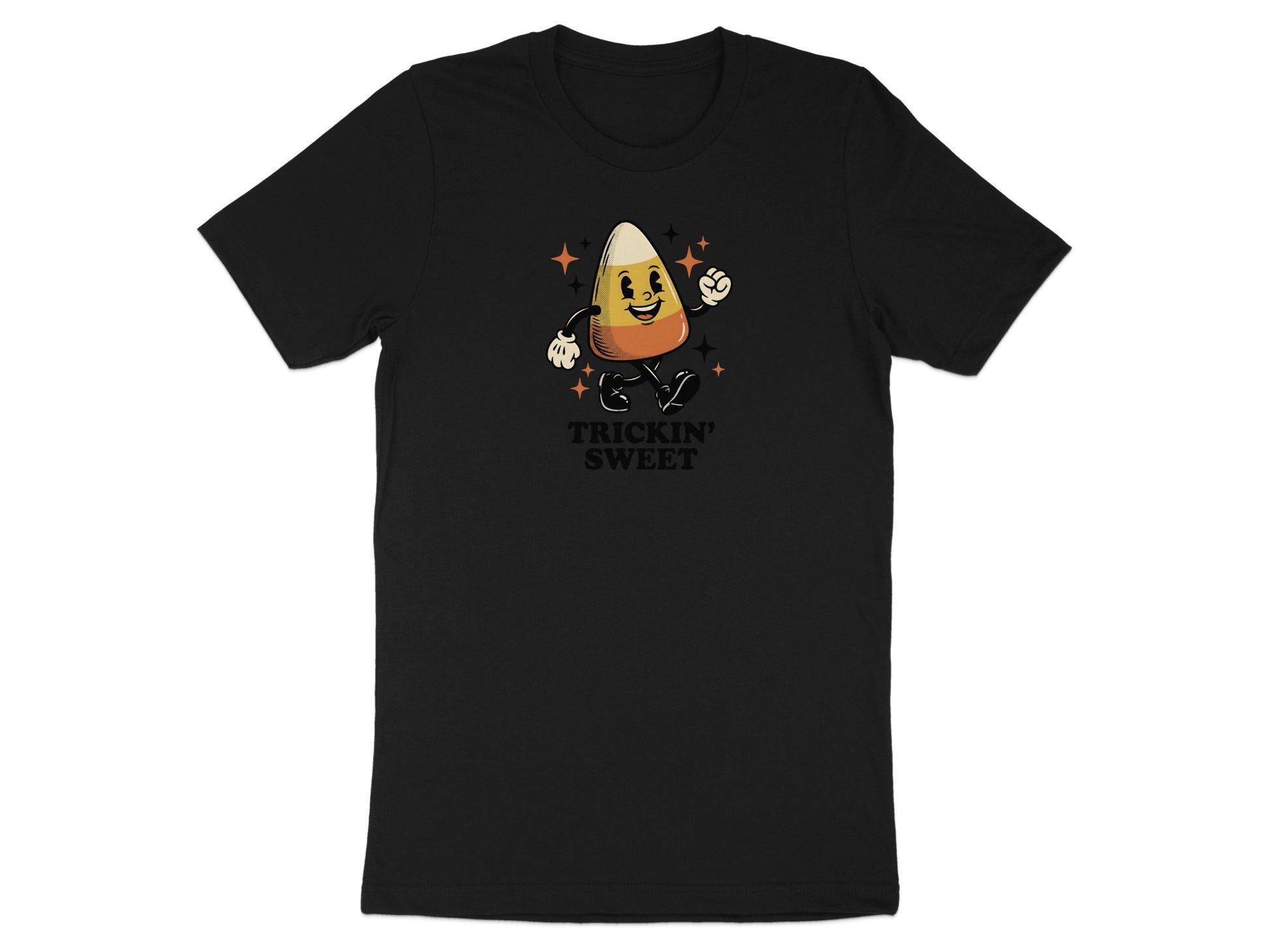 Black t-shirt with a retro candy corn character and "TRICKIN' SWEET" text.