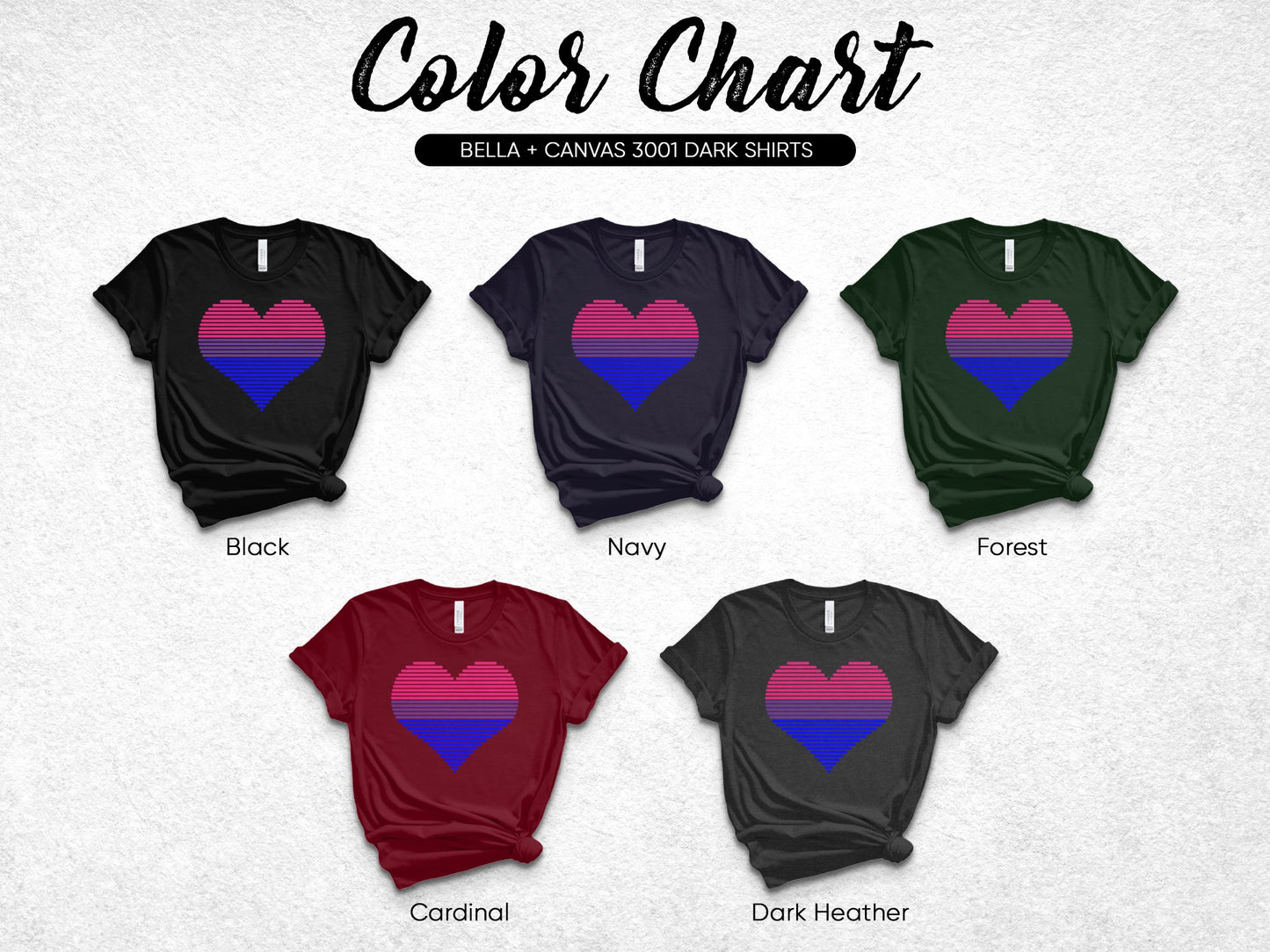 Color chart showing five t-shirts in black, navy, forest, cardinal, and dark heather.