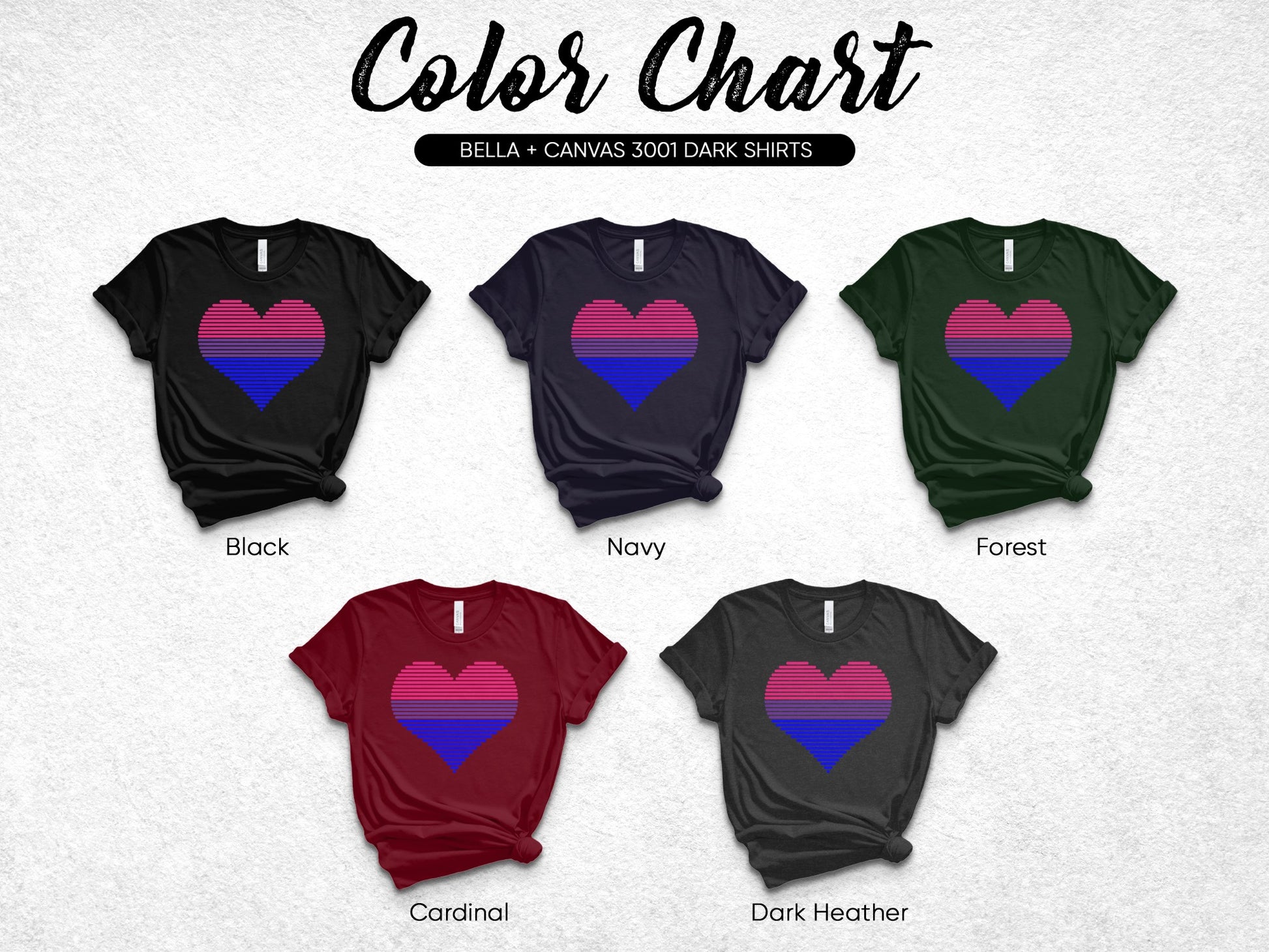 Color chart showing five t-shirts in black, navy, forest, cardinal, and dark heather.