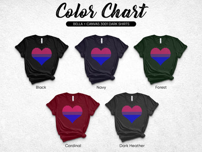 Color chart showing five t-shirts in black, navy, forest, cardinal, and dark heather.
