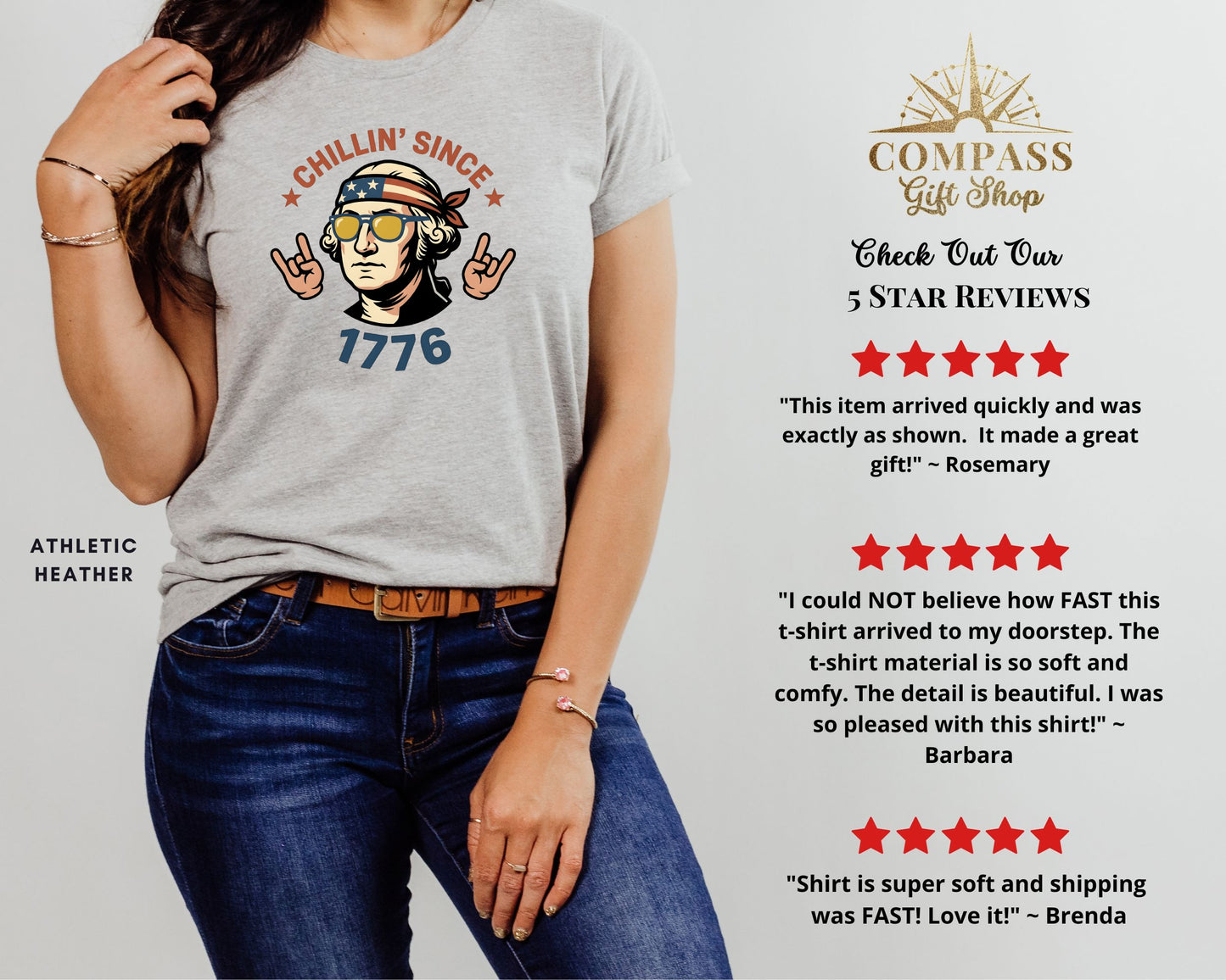 Gray t-shirt with "Chillin' Since 1776" and cartoon George Washington.