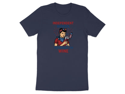 T-shirt with illustration of a woman holding fireworks and wine, text "Independent Woman, Dependent on Wine".