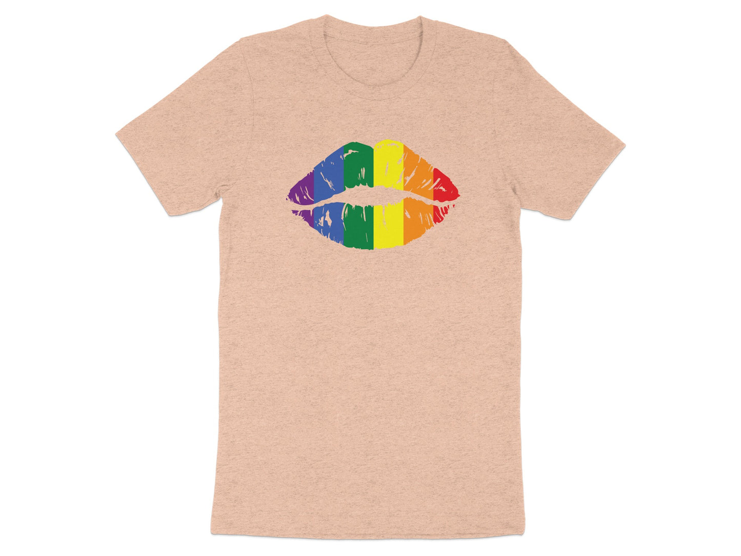 Peach t-shirt with a rainbow-colored kissing lips graphic.