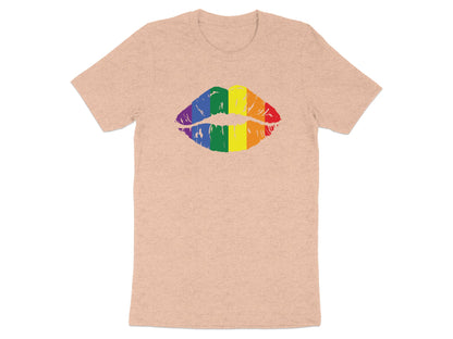Peach t-shirt with a rainbow-colored kissing lips graphic.