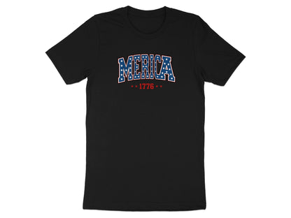 Black t-shirt with "MERICA 1776" text in red, white, and blue.