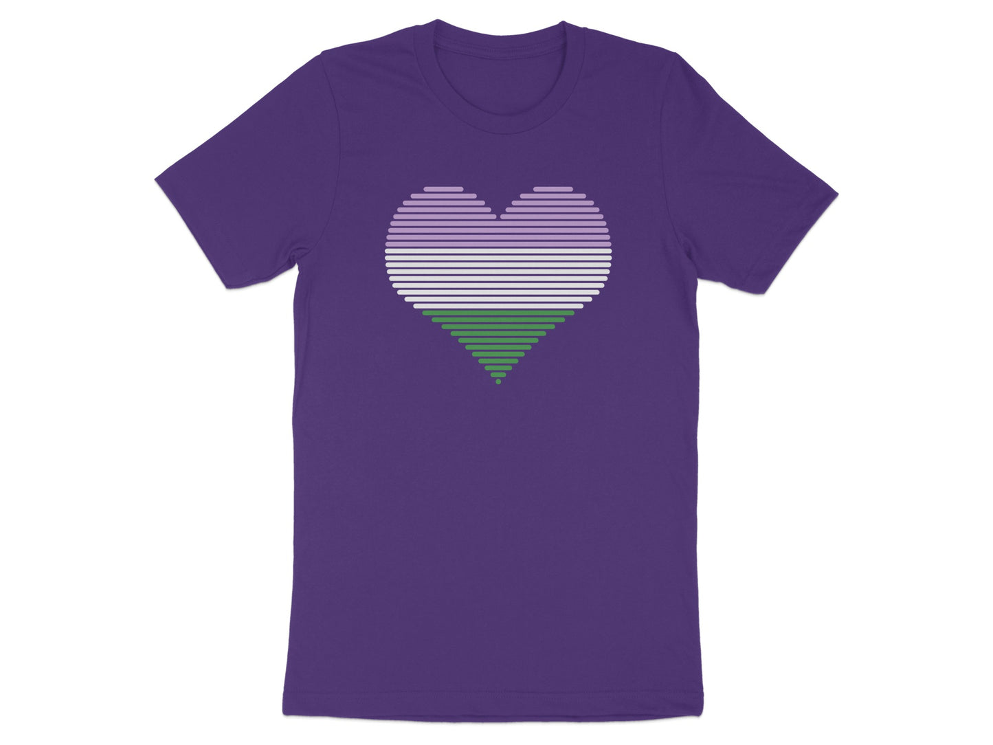Purple t-shirt with a horizontal striped genderqueer pride flag heart graphic.