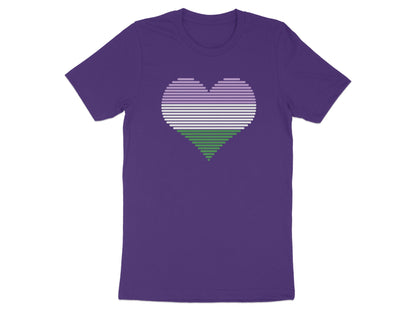 Purple t-shirt with a horizontal striped genderqueer pride flag heart graphic.