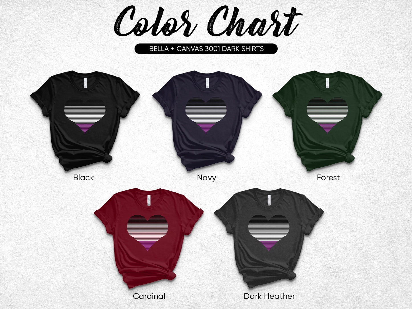 Color chart showing five dark t-shirts in different colors with ace flag heart design.
