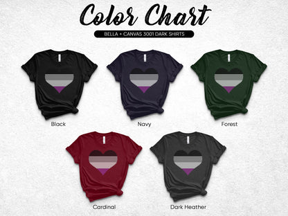 Color chart showing five dark t-shirts in different colors with ace flag heart design.