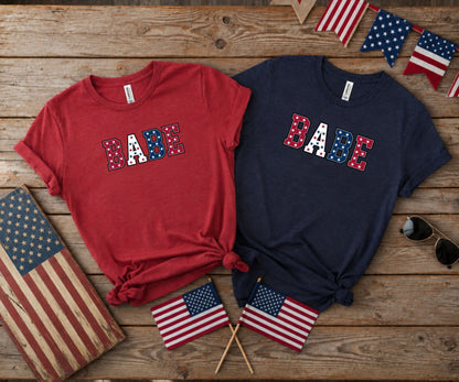 Red and navy t-shirts with "BABE" in patriotic lettering.