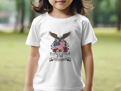 White t-shirt with USA 250th anniversary eagle, shield, and floral design.