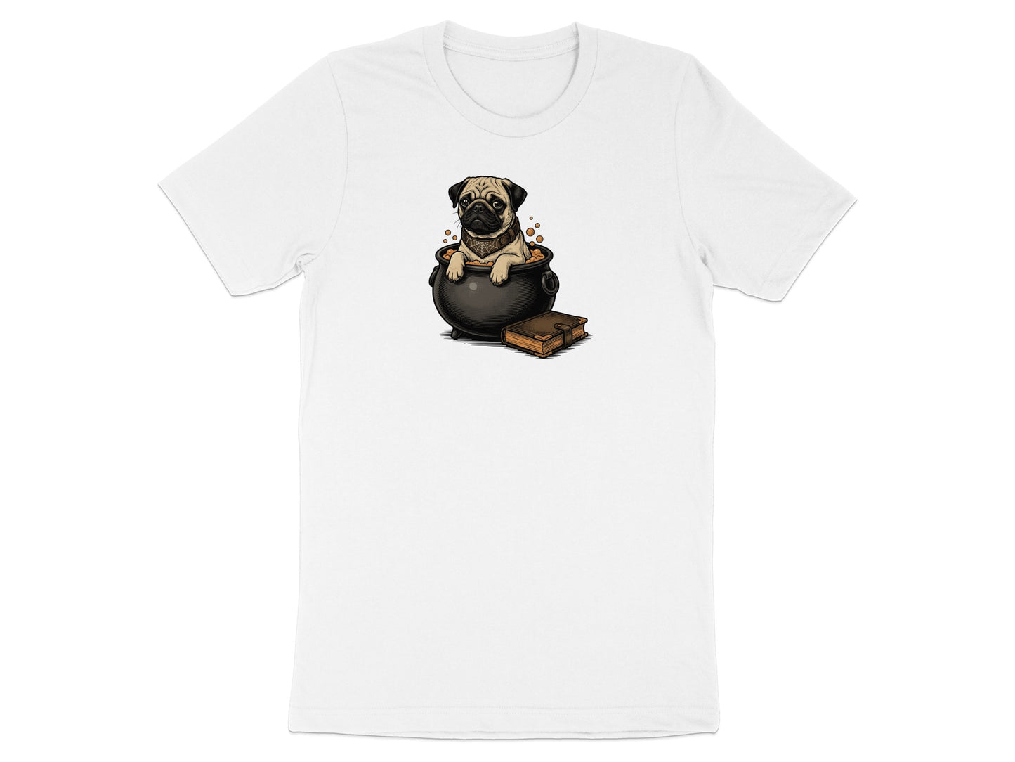 Cute pug in cauldron with bubbling potion and a book.