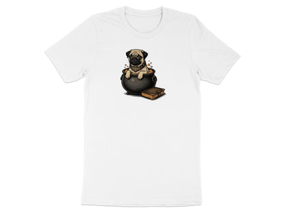 Cute pug in cauldron with bubbling potion and a book.