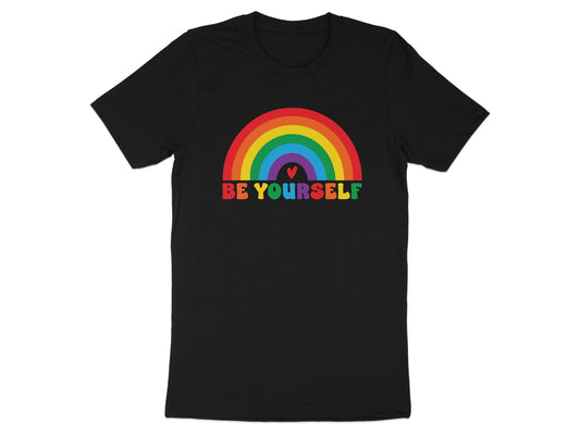 Black t-shirt with a rainbow and "BE YOURSELF" in colorful text.