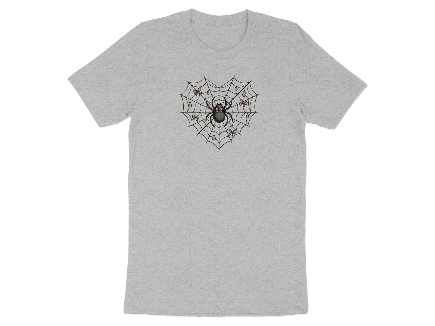 Grey t-shirt with a heart-shaped spiderweb and pink bows design.