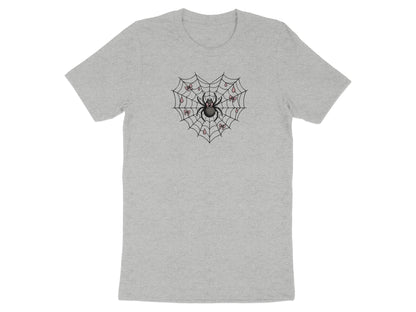 Grey t-shirt with a heart-shaped spiderweb and pink bows design.