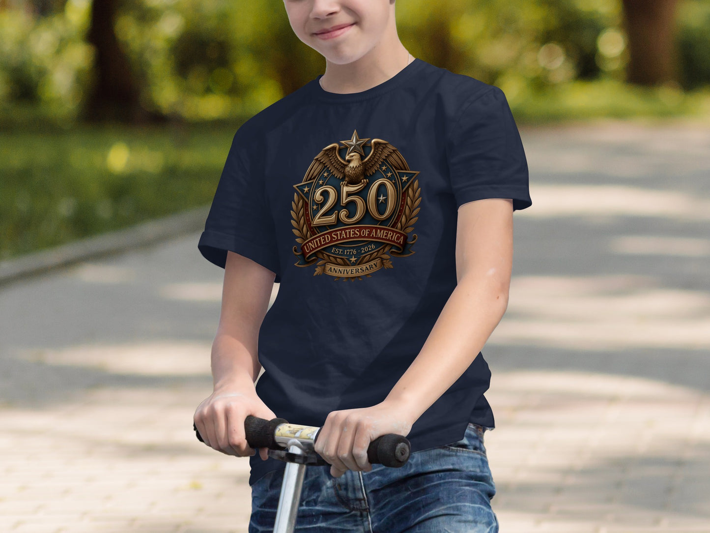 Navy blue t-shirt with "United States of America 250 Anniversary" eagle emblem.