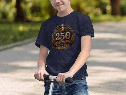 Navy blue t-shirt with "United States of America 250 Anniversary" eagle emblem.