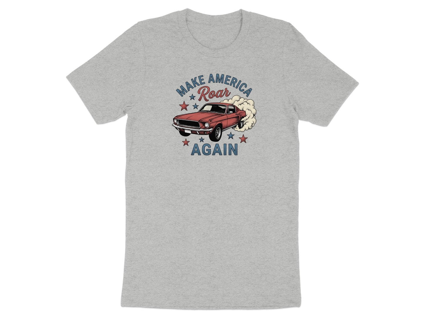 Grey t-shirt with "MAKE AMERICA ROAR AGAIN" text and vintage car graphic.