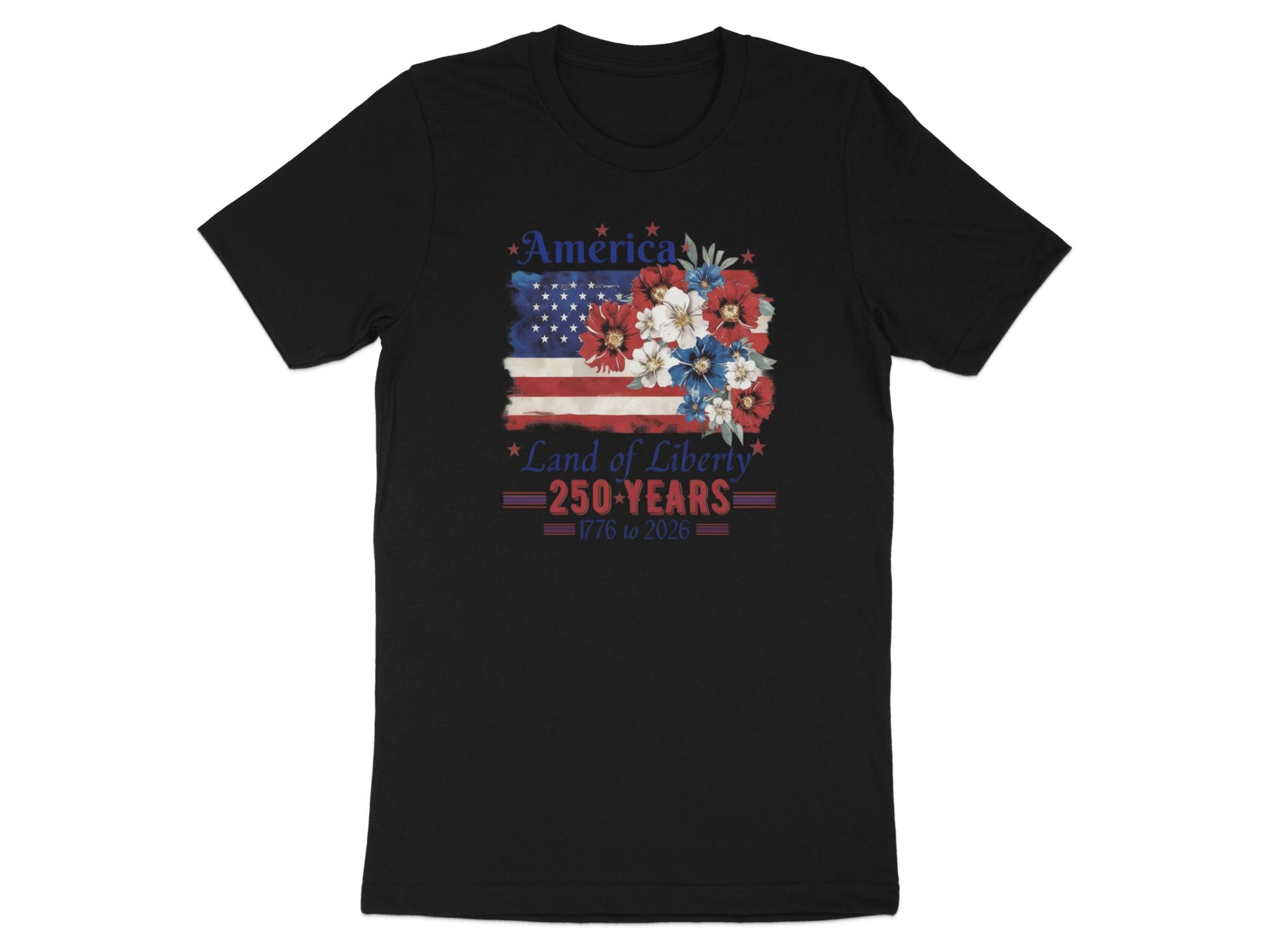 Black t-shirt with American flag, floral design, and "America 250 Years 1776 to 2026".