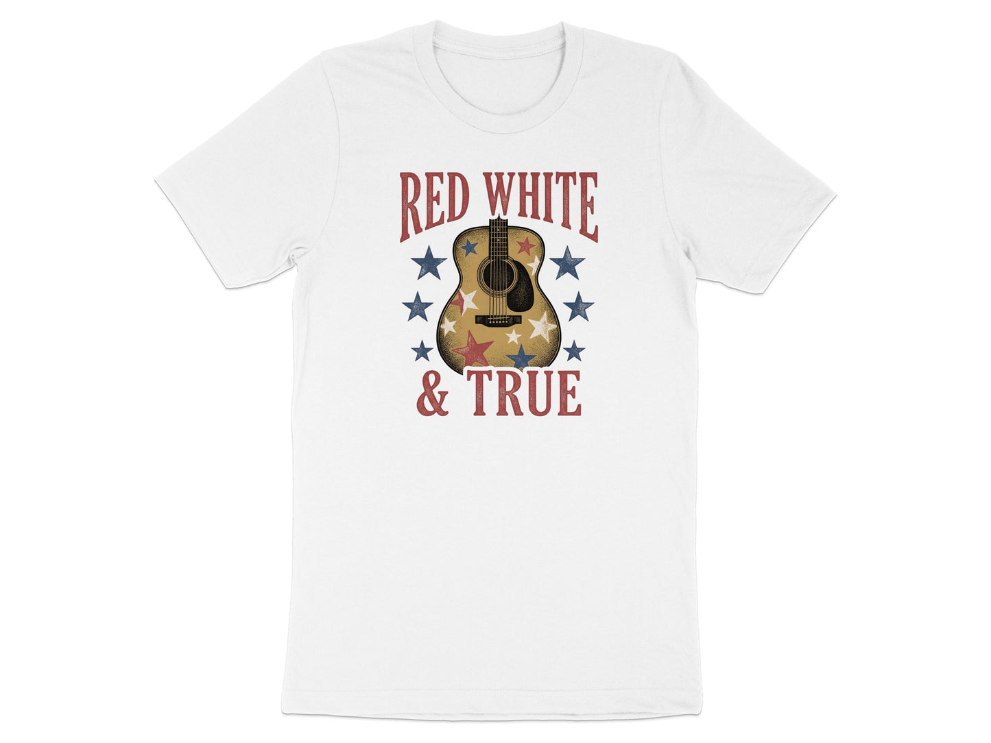 Red white and true text on t-shirt with guitar and stars.
