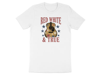 Red white and true text on t-shirt with guitar and stars.