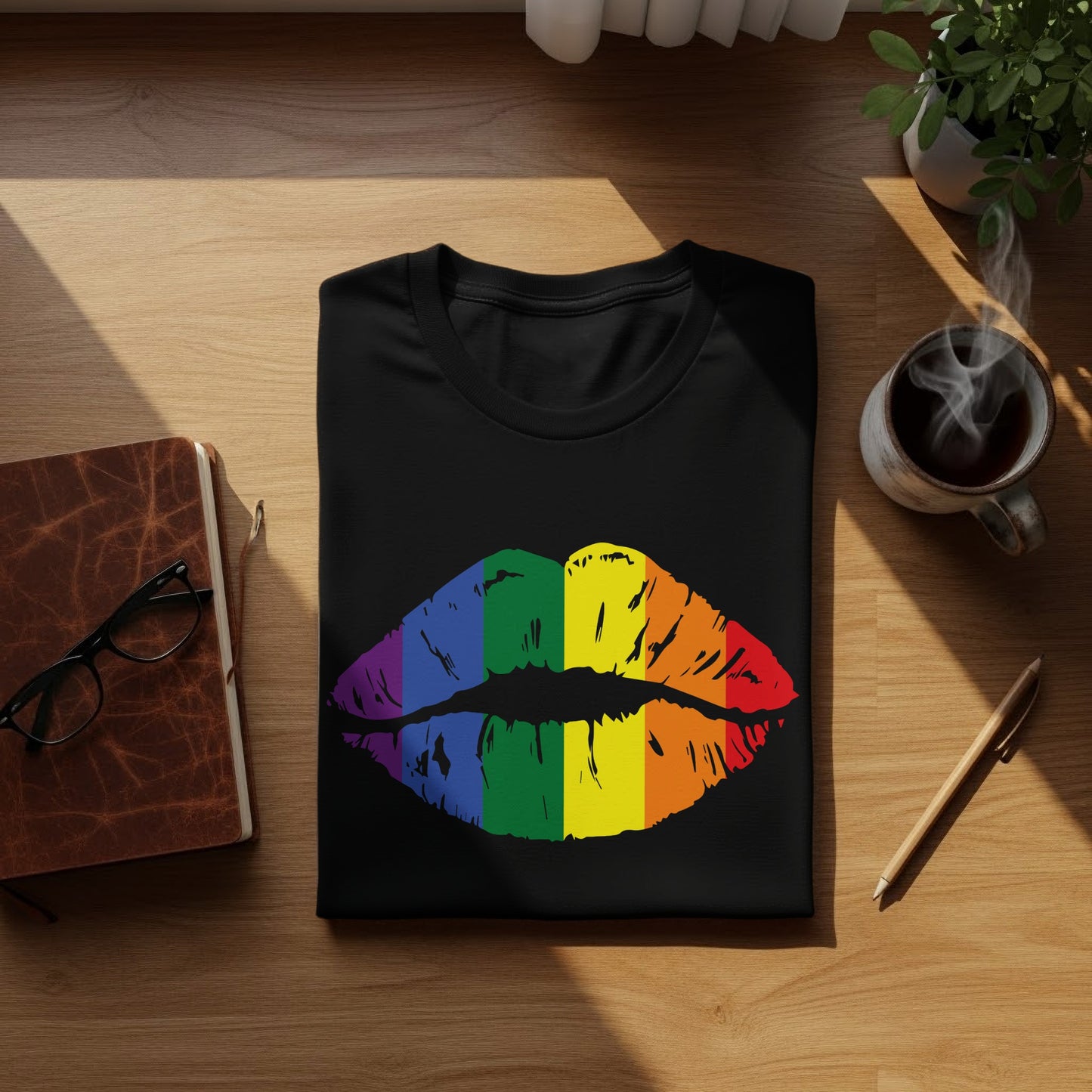 Black t-shirt with rainbow-colored lips design, laid flat.