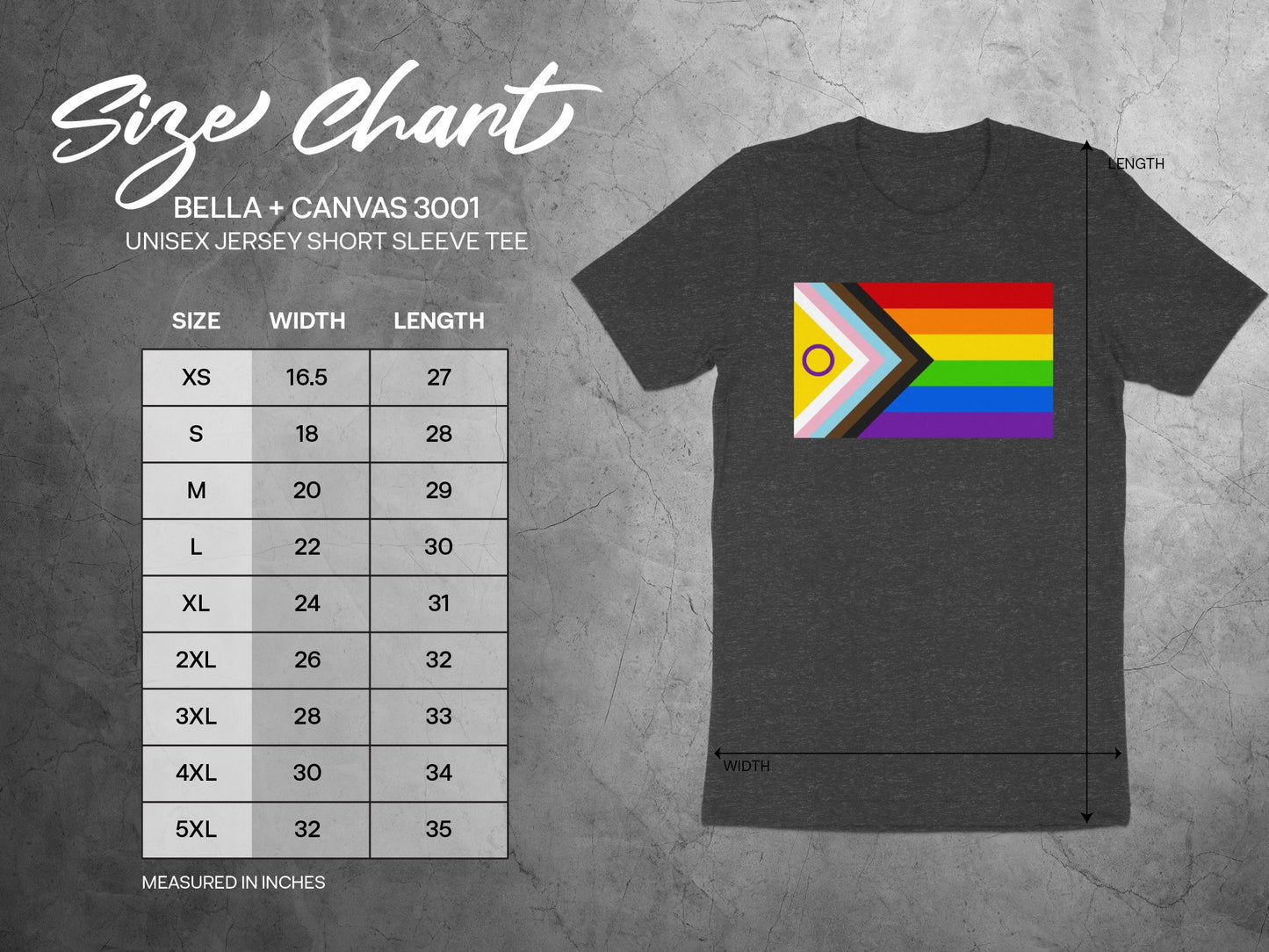 Size chart for Bella + Canvas 3001 unisex t-shirt with measurements in inches.
