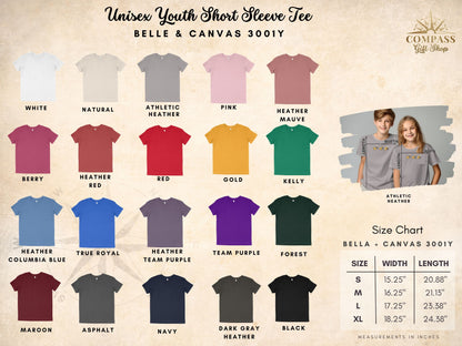 Unisex youth short sleeve tees in various colors with size chart.