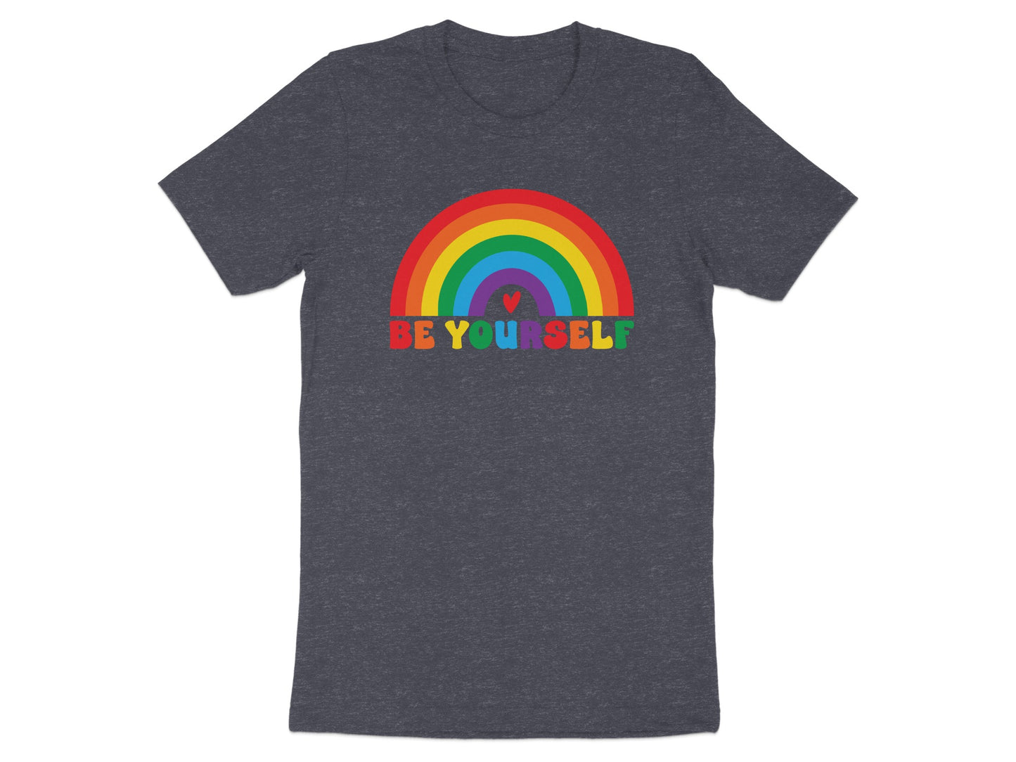 T-shirt with rainbow and "BE YOURSELF" text with red heart.