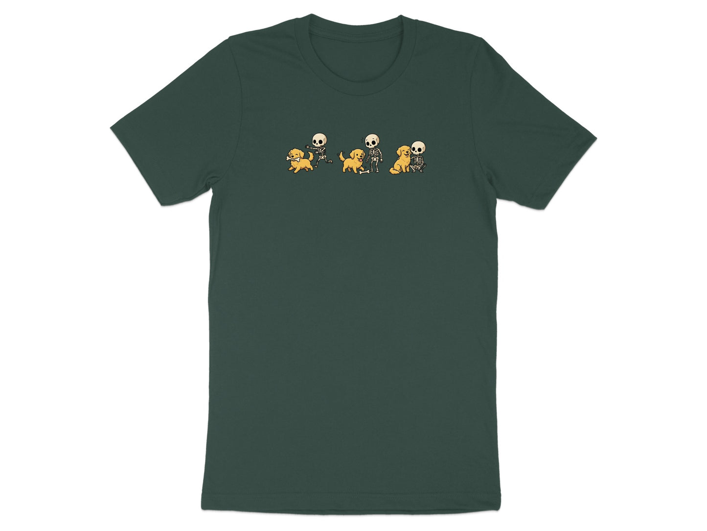 Four cartoon skeletons interact with golden retrievers on a dark green t-shirt.