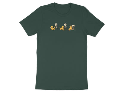 Four cartoon skeletons interact with golden retrievers on a dark green t-shirt.