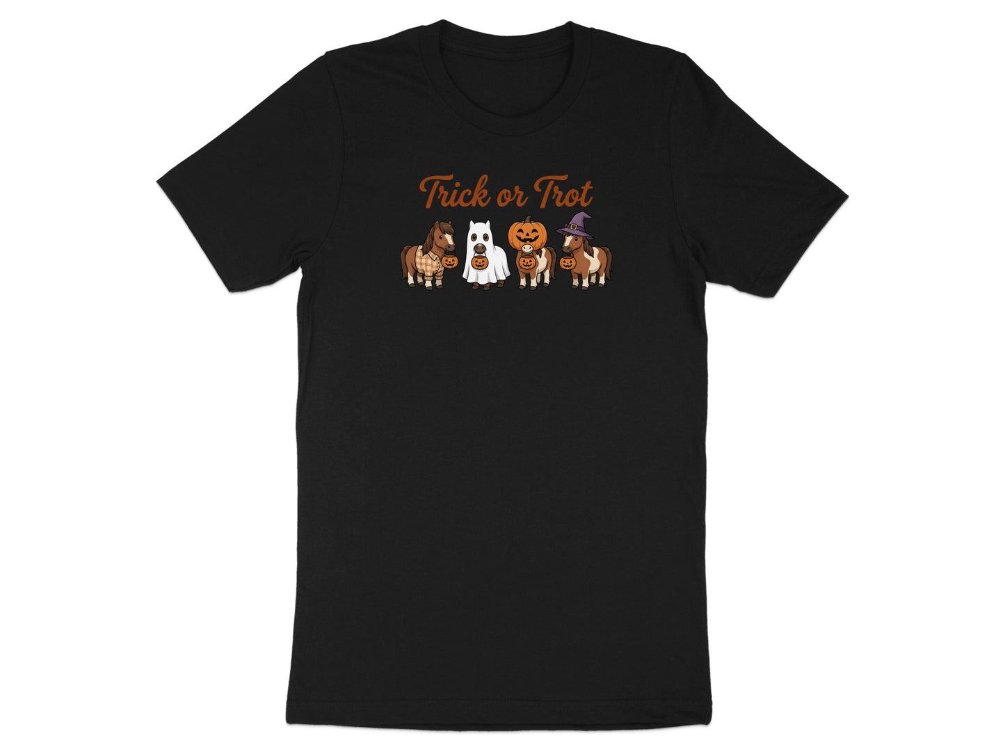 Black t-shirt with "Trick or Trot" text and four Halloween ponies.