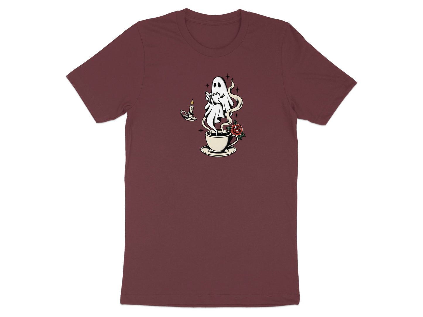 Ghost reads a book above a steaming teacup with a rose and candle nearby.