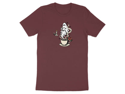 Ghost reads a book above a steaming teacup with a rose and candle nearby.