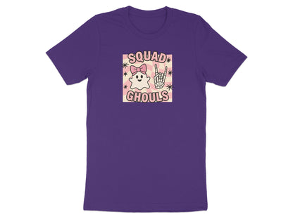 Purple t-shirt with a graphic featuring a ghost, skeleton hand, and text.